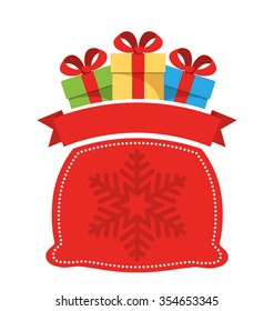 Christmas Label Icon Flat with Bag with Gift Boxes Isolated on White Background