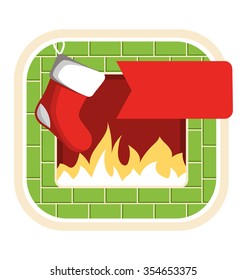 Christmas Label Icon Flat with Fireplace and Sock Isolated on White Background