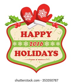 Christmas Label Icon Flat Frame with Winter Gloves and Holly on White Background