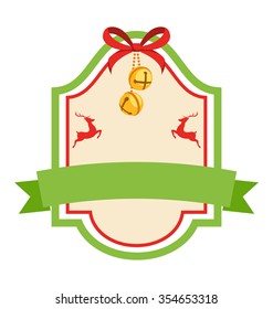 Christmas Label Icon Flat Vintage Frame with Jingle Bells and Deers Isolated on White Background