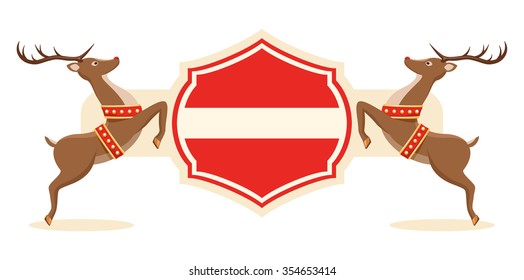 Christmas Label Icon with Santa Reindeers and Frame Isolated on White Background