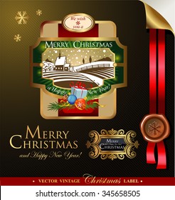Christmas label with lovely winter landscape for greeting cards, banners, presentations, decorations. Easy to edit all pieces are separated. 