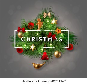 Christmas Label Made of Pine Branches and Decorated with Colored Baubles, Stars and Cookies with Cutout Paper word "Christmas". Vector Illustration.