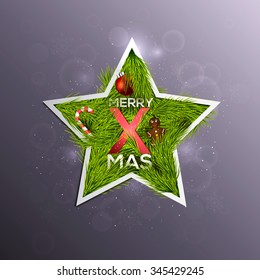 Christmas Label Made of Pine Branches and Decorated with Colored Baubles, sweets, snowflakes and berries. Vector