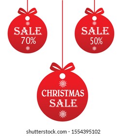 Christmas label. Red xmas balls with sign sale, special offer. Merry Christmas balls sale. Holiday design elements. Vector illustration.