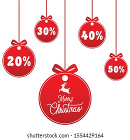 Christmas label. Red xmas balls with sign sale, special offer. Merry Christmas and New Year balls sale.