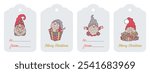 Christmas label set with Swedish gnome Nisse. Merry Christmas gift tags. Cute adorable cartoon Scandinavian gnomes Tomte. Gray and red color. Scrapbook winter holiday cut file collection.