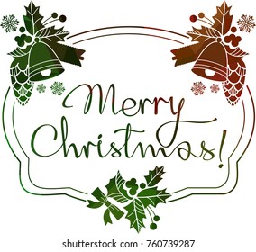 Christmas label with silhouette of holiday decorations and written greeting "Merry Christmas!". Vector clip art.