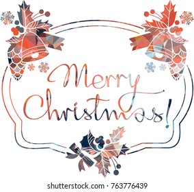 Christmas label with silhouette of holiday decorations and written greeting "Merry Christmas!". Vector clip art.