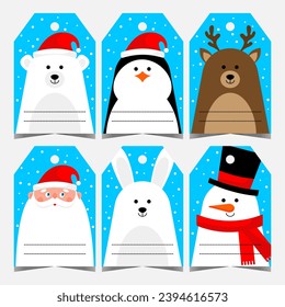 Christmas label or tag with cartoon winter and holiday associated characters as polar bear, penguin, deer, Santa Claus, rabbit and snowman, to write a greeting or to sign and tie it to the gift box.