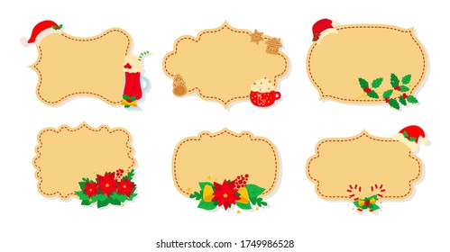 Etiqueta de Navidad y etiqueta con juego plano. Colección de caricaturas navideñas etiquetas de parche de navidad beige. Etiquetas navideñas adornadas con objetos, mugre y sombrero de caramelo. Colección de Año Nuevo. Ilustración del vector