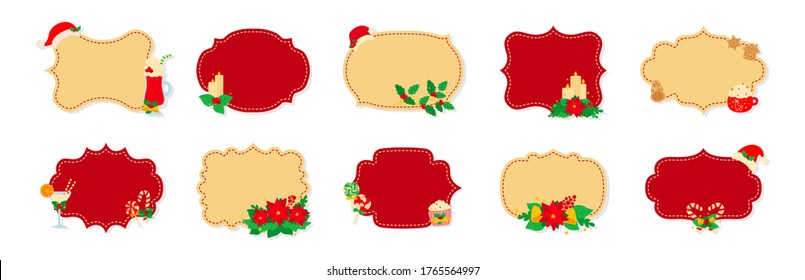 Etiqueta navideña o etiqueta plana. Colección de caricaturas navideñas etiquetas de parche de navidad roja y beige. Etiquetas navideñas adornadas con mistletoe, dulces y galletas. Colección de Año Nuevo. Ilustración del vector