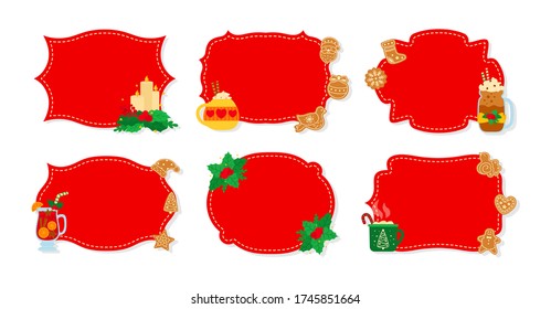 Christmas label and tag red flat set. New Year tags decorated objects, holly mistletoe, candy cookies toys, candle. Cartoon holiday collection christmas patch labels collection. Vector illustration