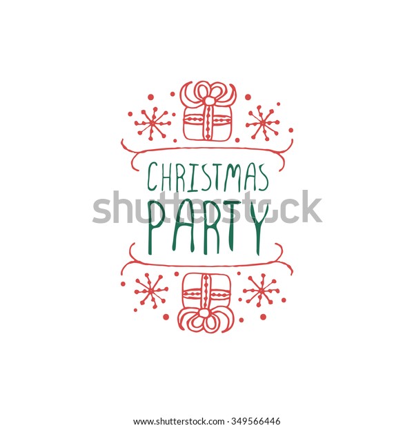 Christmas\
label with text on white background. Christmas party. Typographic\
element with gifts and snowflakes. Vector illustration for seasonal\
christmas design. Handdrawn christmas\
badge.