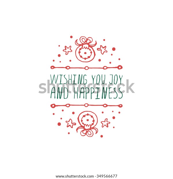 Christmas label with text\
on white background. Wishing you joy and happiness. Typographic\
element with fir-tree decorations. Vector illustration for seasonal\
christmas design. 