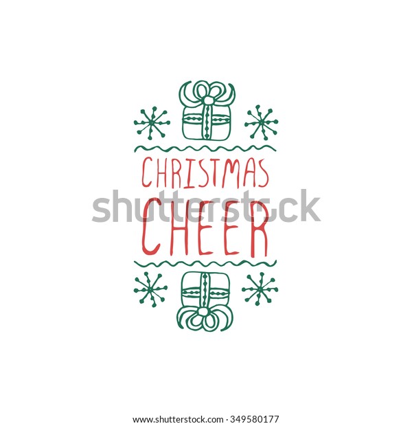 Christmas\
label with text on white background. Christmas cheer. Typographic\
element with gifts and snowflakes. Vector illustration for seasonal\
christmas design. Handdrawn christmas\
badge.