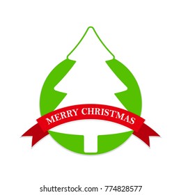 Christmas label with christmas tree and red ribbon. Vector Illustration. Merry Christmas label in flat design