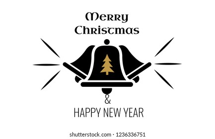 Christmas Label with typography and christmas bells. Flat color style vector illustration.