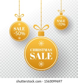 Christmas label. Winter price tag. Gold Merry Christmas and New Year balls sale. Holiday design elements on transparent background. Vector illustration.