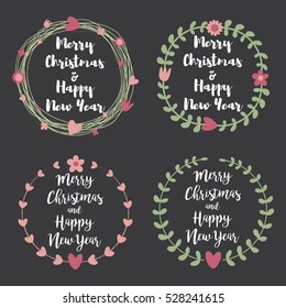 Christmas Labels and Badges calligraphic letters. Set of floral wreath frame for Merry Christmas and Happy New Year invitations.