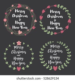 Christmas Labels and Badges calligraphic letters. Set of floral wreath frame for Merry Christmas and Happy New Year invitations.