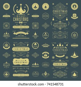 Christmas labels and badges for greeting cards and posters vector design elements set. Merry Christmas and Holidays wishes retro typography decoration objects and symbols, vintage ornaments.