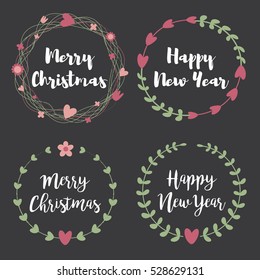 Christmas Labels and Badges. Set of floral wreath frame for Merry Christmas and Happy New Year invitations, 