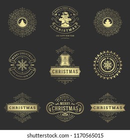 Christmas labels and badges vector design elements set. Merry christmas and happy new year wishes retro typography decoration objects for greeting cards vintage ornaments.