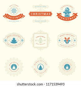 Christmas labels and badges vector design elements set. Merry christmas and happy new year wishes retro typography decoration objects for greeting cards vintage ornaments.