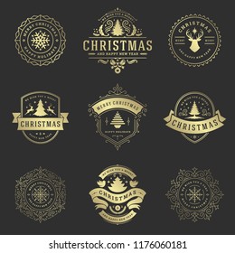 Christmas labels and badges vector design elements set. Merry christmas and happy new year wishes retro typography decoration objects for greeting cards vintage ornaments.