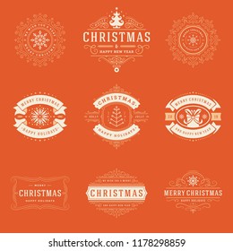 Christmas labels and badges vector design elements set. Merry christmas and happy new year wishes retro typography decoration objects for greeting cards vintage ornaments.