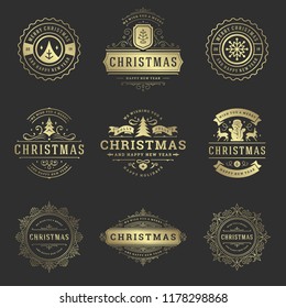 Christmas labels and badges vector design elements set. Merry christmas and happy new year wishes retro typography decoration objects for greeting cards vintage ornaments.