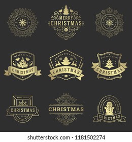 Christmas labels and badges vector design elements set. Merry christmas and happy new year wishes retro typography decoration objects for greeting cards vintage ornaments.