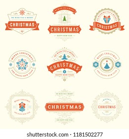 Christmas labels and badges vector design elements set. Merry christmas and happy new year wishes retro typography decoration objects for greeting cards vintage ornaments.