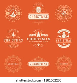 Christmas labels and badges vector design elements set. Merry christmas and happy new year wishes retro typography decoration objects for greeting cards vintage ornaments.