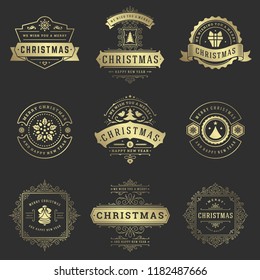 Christmas labels and badges vector design elements set. Merry christmas and happy new year wishes retro typography decoration objects for greeting cards vintage ornaments.