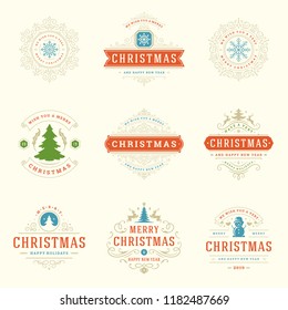 Christmas labels and badges vector design elements set. Merry christmas and happy new year wishes retro typography decoration objects for greeting cards vintage ornaments.