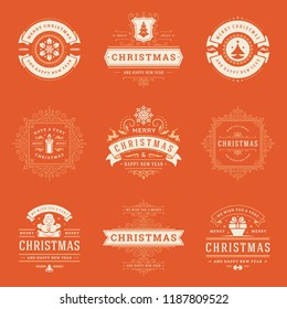 Christmas labels and badges vector design elements set. Merry christmas and happy new year wishes retro typography decoration objects for greeting cards vintage ornaments.