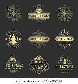 Christmas labels and badges vector design elements set. Merry christmas and happy new year wishes retro typography decoration objects for greeting cards vintage ornaments.