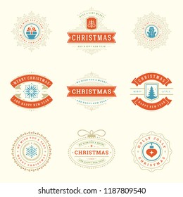 Christmas labels and badges vector design elements set. Merry christmas and happy new year wishes retro typography decoration objects for greeting cards vintage ornaments.
