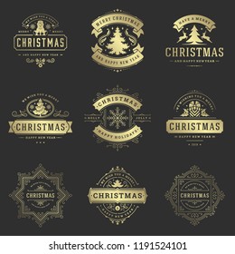 Christmas labels and badges vector design elements set. Merry christmas and happy new year wishes retro typography decoration objects for greeting cards vintage ornaments.