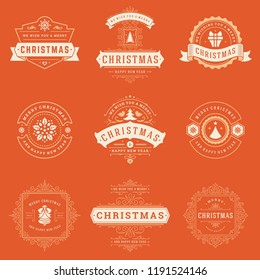 Christmas labels and badges vector design elements set. Merry christmas and happy new year wishes retro typography decoration objects for greeting cards vintage ornaments.
