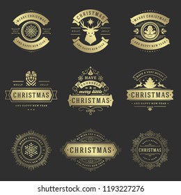 Christmas labels and badges vector design elements set. Merry christmas and happy new year wishes retro typography decoration objects for greeting cards vintage ornaments.