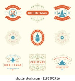 Christmas labels and badges vector design elements set. Merry christmas and happy new year wishes retro typography decoration objects for greeting cards vintage ornaments.
