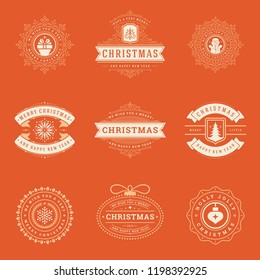 Christmas labels and badges vector design elements set. Merry christmas and happy new year wishes retro typography decoration objects for greeting cards vintage ornaments.