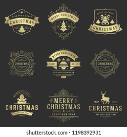 Christmas labels and badges vector design elements set. Merry christmas and happy new year wishes retro typography decoration objects for greeting cards vintage ornaments.