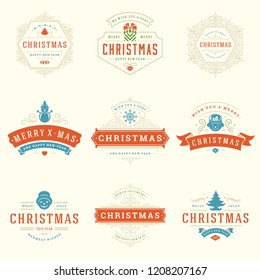 Christmas labels and badges vector design elements set. Merry christmas and happy new year wishes retro typography decoration objects for greeting cards vintage ornaments.