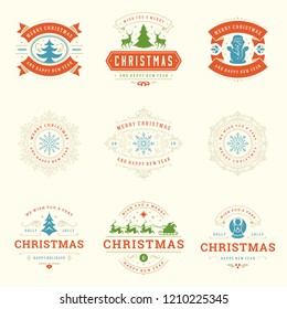 Christmas labels and badges vector design elements set. Merry christmas and happy new year wishes retro typography decoration objects for greeting cards vintage ornaments.