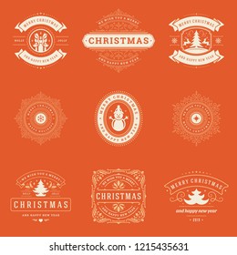 Christmas labels and badges vector design elements set. Merry christmas and happy new year wishes retro typography decoration objects for greeting cards vintage ornaments.