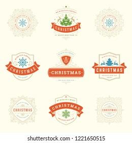 Christmas labels and badges vector design elements set. Merry christmas and happy new year wishes retro typography decoration objects for greeting cards vintage ornaments.